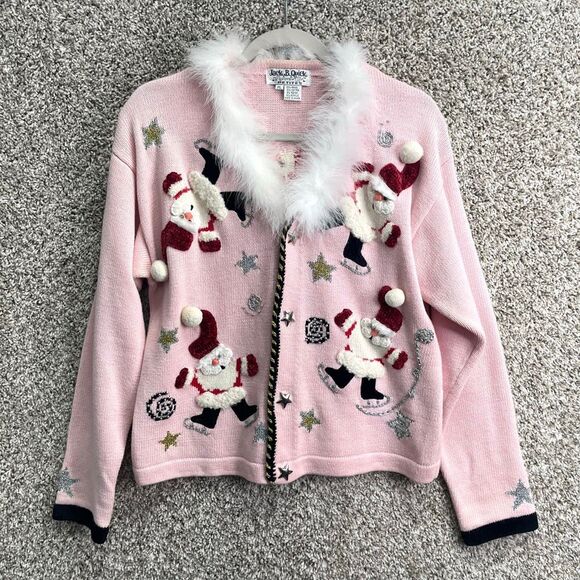 Jack B Quick Cardigan Sweater Women’s LP Pink Ugly Christmas Holiday Santa Knit - Picture 1 of 8